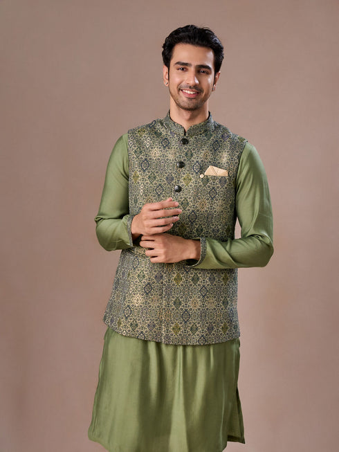 Manyavar Vibrant Emerald Kurta Jacket Set