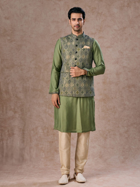 Manyavar Vibrant Emerald Kurta Jacket Set