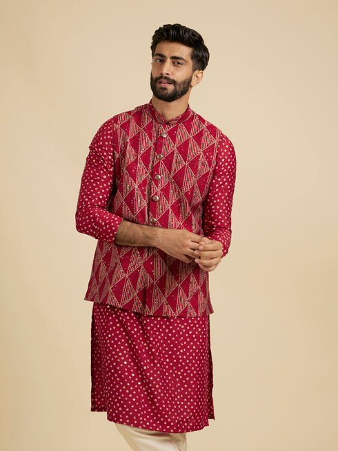 Manyavar Poppy Red Triangular Patterned Jacket Set with Sequin Work
