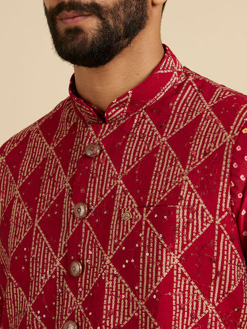 Manyavar Poppy Red Triangular Patterned Jacket Set with Sequin Work