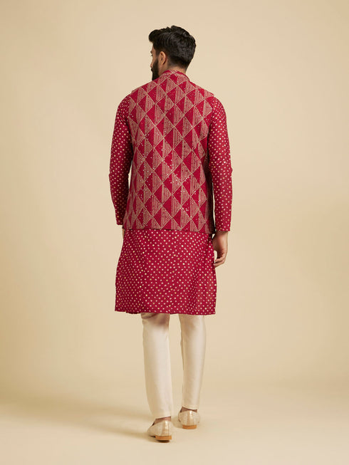 Manyavar Poppy Red Triangular Patterned Jacket Set with Sequin Work