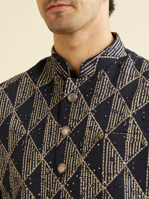 Manyavar Navy Blue Triangular Patterned Jacket Set with Sequin Work
