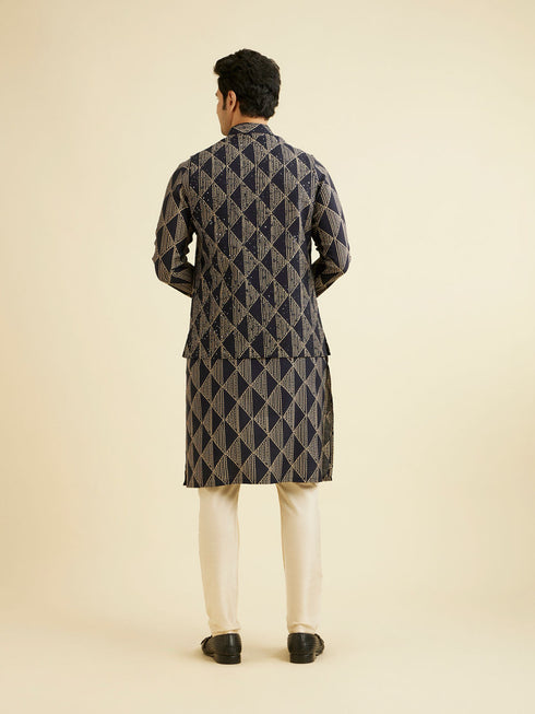 Manyavar Navy Blue Triangular Patterned Jacket Set with Sequin Work