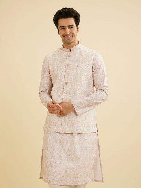 Manyavar Soft Peach Jaal Medallion Patterned Jacket Set