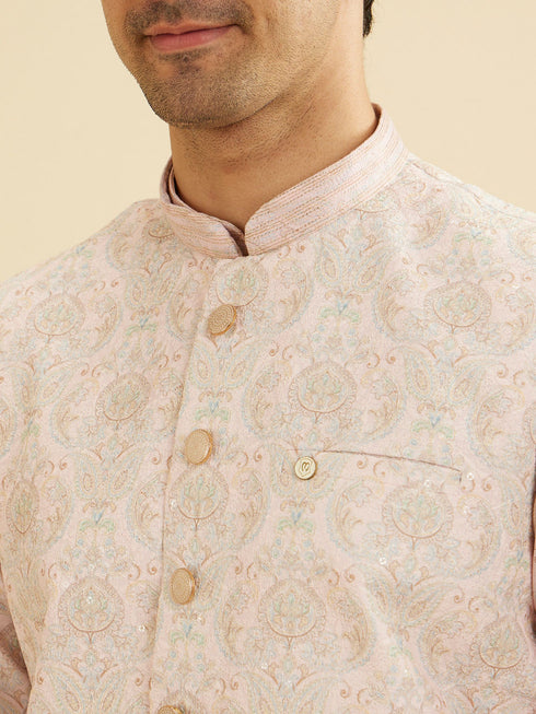 Manyavar Soft Peach Jaal Medallion Patterned Jacket Set