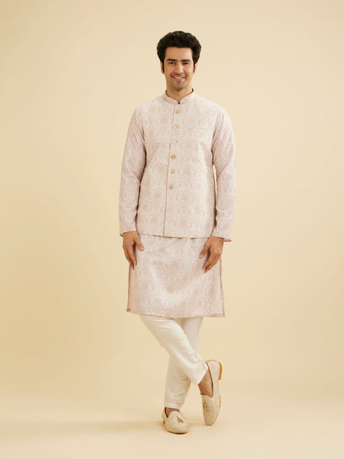 Manyavar Soft Peach Jaal Medallion Patterned Jacket Set