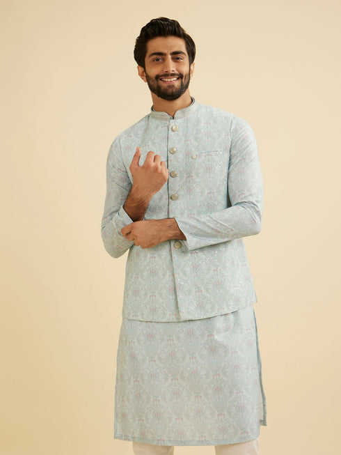 Manyavar Aqua Green Jaal Medallion Patterned Jacket Set