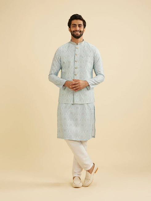 Manyavar Aqua Green Jaal Medallion Patterned Jacket Set