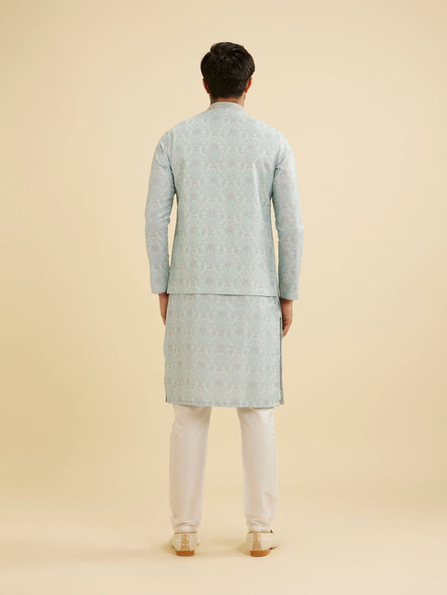Manyavar Aqua Green Jaal Medallion Patterned Jacket Set
