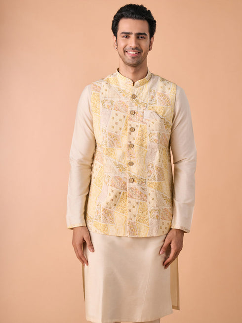 Manyavar Cream Elegance Kurta Jacket Set