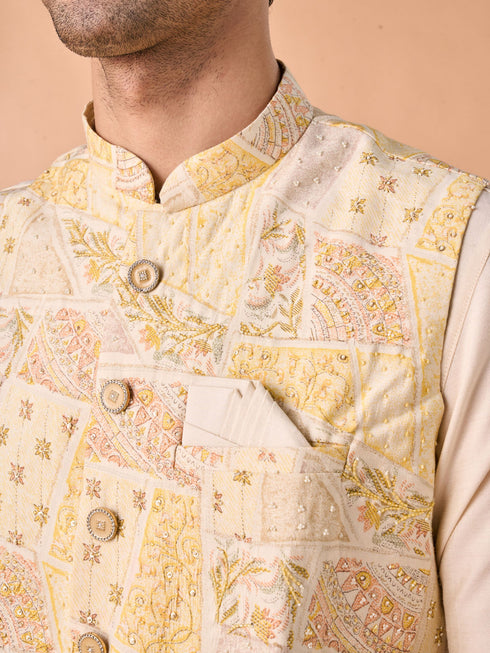 Manyavar Cream Elegance Kurta Jacket Set