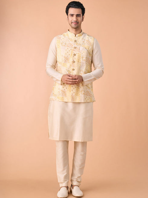Manyavar Cream Elegance Kurta Jacket Set