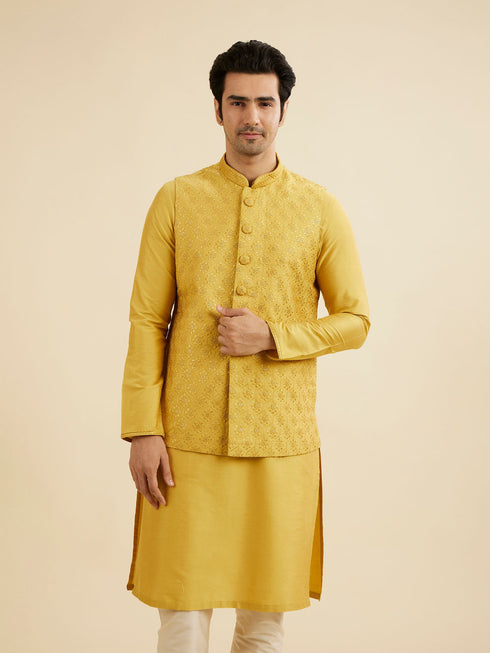 Manyavar Mustard Yellow Buta Jaal Patterned Jacket Set