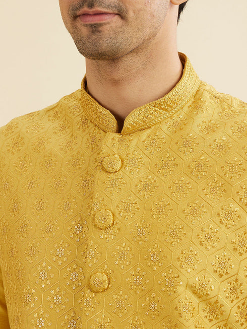 Manyavar Mustard Yellow Buta Jaal Patterned Jacket Set