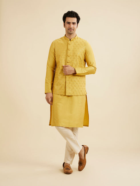 Manyavar Mustard Yellow Buta Jaal Patterned Jacket Set