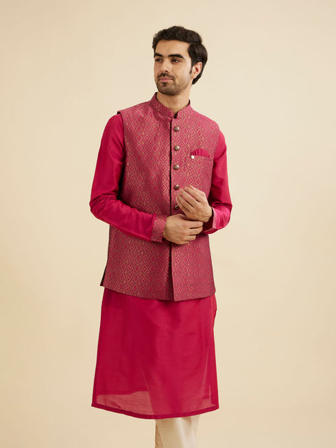 Manyavar Radiant Pink Brocade Kurta Jacket Set