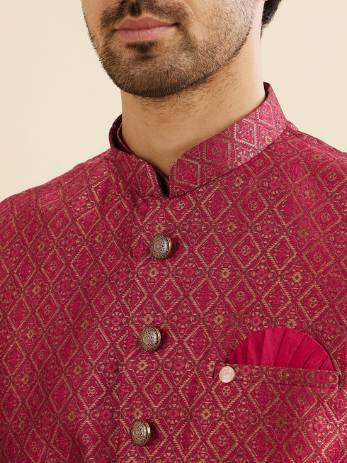 Manyavar Radiant Pink Brocade Kurta Jacket Set