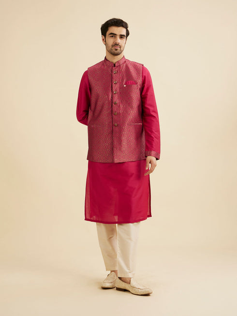 Manyavar Radiant Pink Brocade Kurta Jacket Set