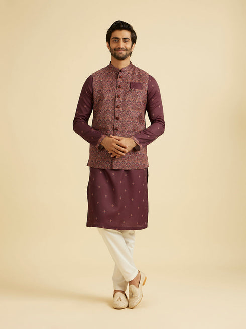 Manyavar Wine Satin Elegance Kurta Jacket Set