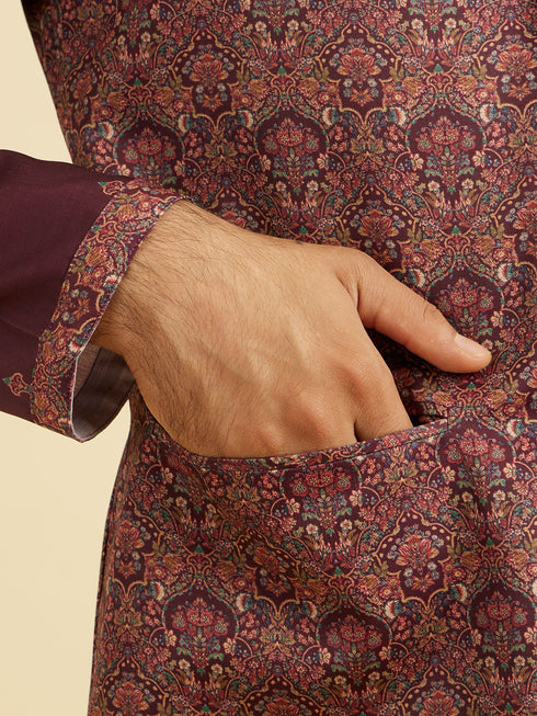 Manyavar Wine Satin Elegance Kurta Jacket Set