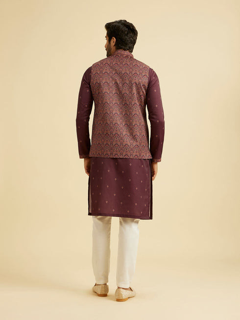 Manyavar Wine Satin Elegance Kurta Jacket Set