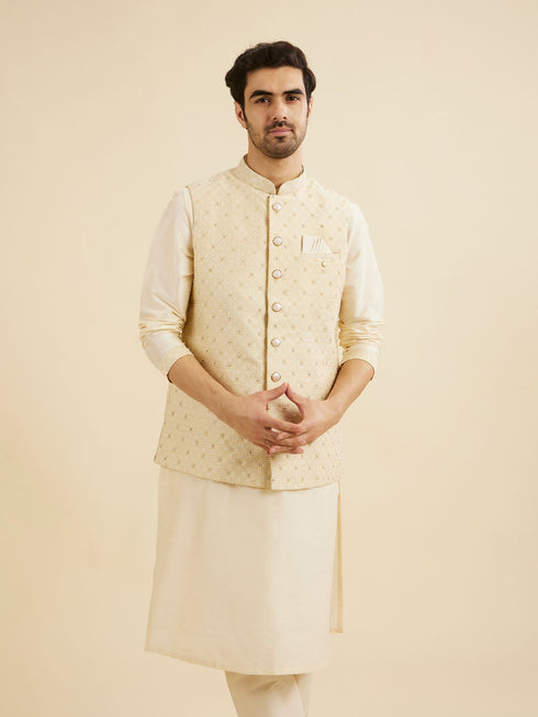 Manyavar Cream Beige Floral Buta Embroidered Jacket Set