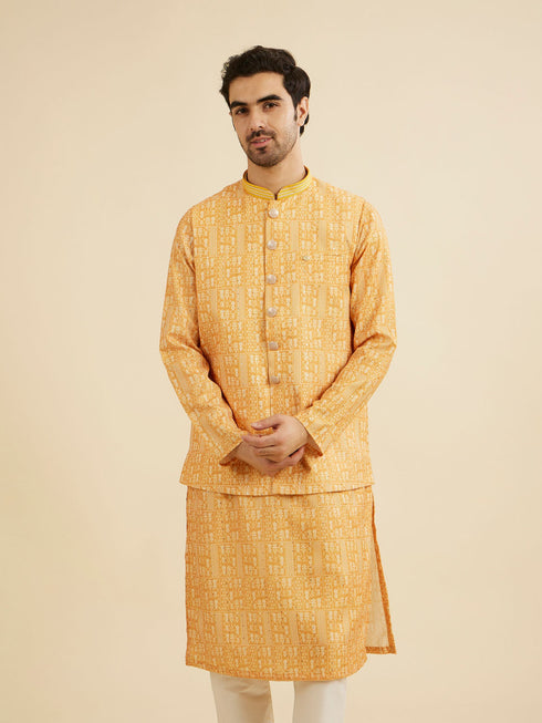 Manyavar Mustard Yellow Jaali Printed Jacket Set