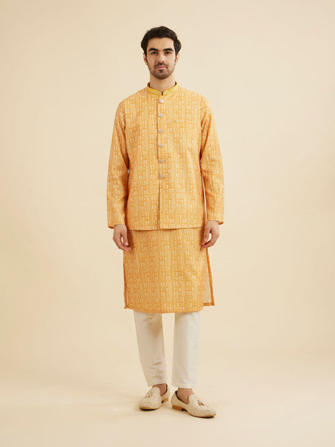 Manyavar Mustard Yellow Jaali Printed Jacket Set