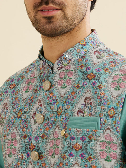 Manyavar Aqua Green Elegance Kurta Jacket Set