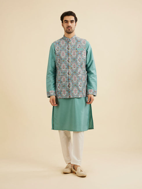 Manyavar Aqua Green Elegance Kurta Jacket Set
