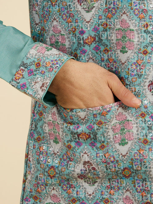 Manyavar Aqua Green Elegance Kurta Jacket Set