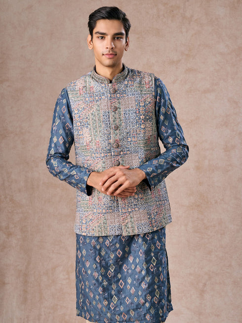 Manyavar Greyish Blue Kurta Jacket Set