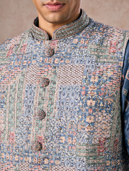 Manyavar Greyish Blue Kurta Jacket Set