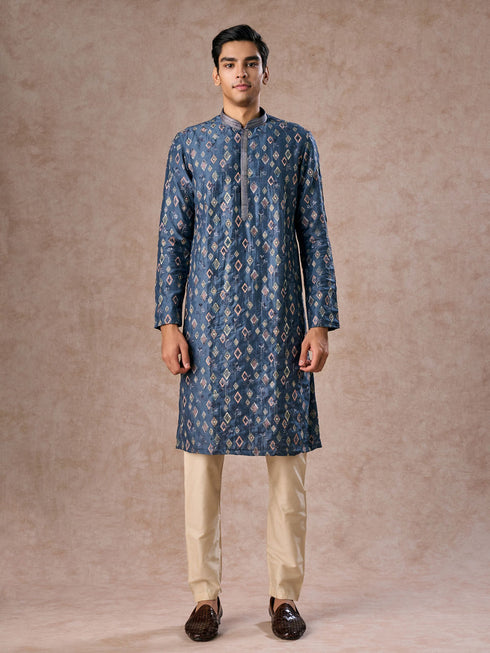 Manyavar Greyish Blue Kurta Jacket Set