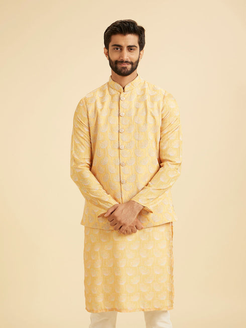 Manyavar Gleaming Mustard Kurta Jacket Set