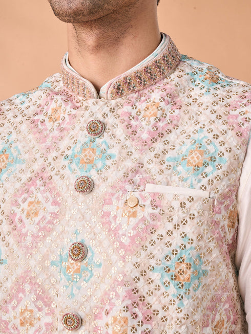 Manyavar Elegant Cream Kurta Jacket Set