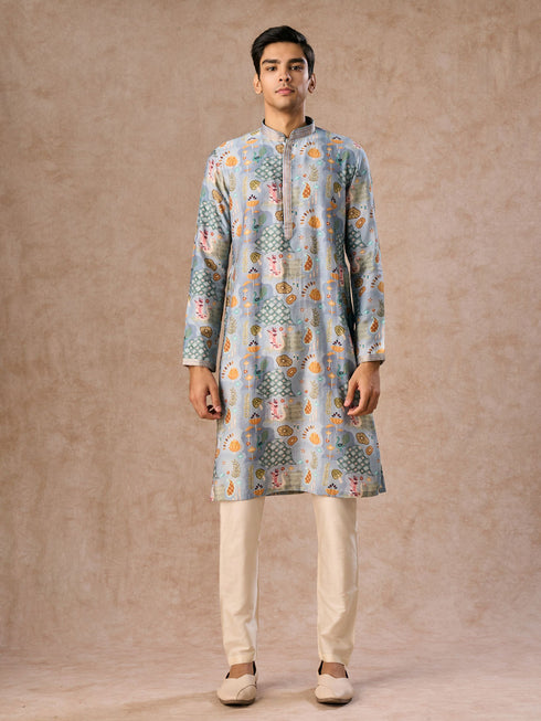 Manyavar Elegant Light Grey Kurta Jacket Set