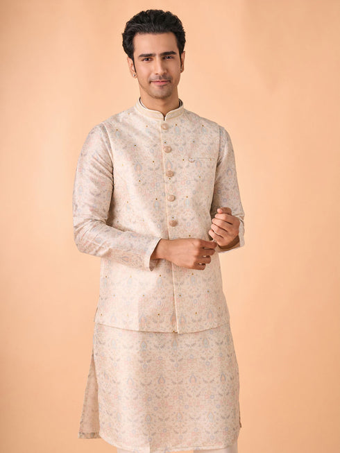 Manyavar Elegant Cream Kurta Jacket Set