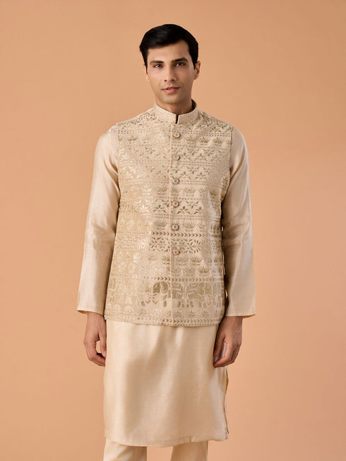 Manyavar Beige Glorious Kurta Jacket Set