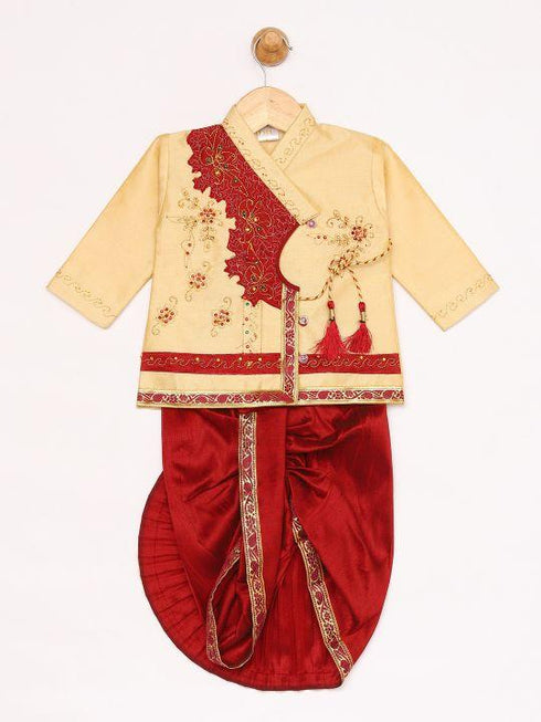 JBN CREATION Boy's Gold And Maroon Angrakha Kurta and Dhoti Set