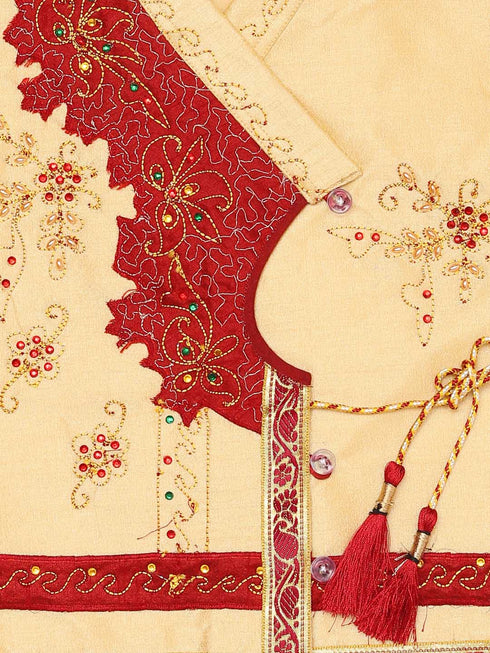 JBN CREATION Boy's Gold And Maroon Angrakha Kurta and Dhoti Set