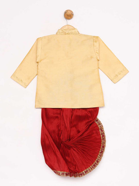 JBN CREATION Boy's Gold And Maroon Angrakha Kurta and Dhoti Set