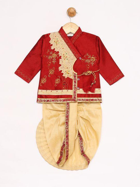JBN CREATION Boy's Maroon Angrakha Kurta and Dhoti Set