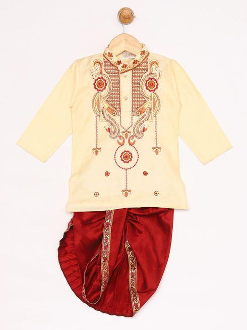 JBN CREATION Boy's Gold And Maroon Silk Blend Kurta and Dhoti Set