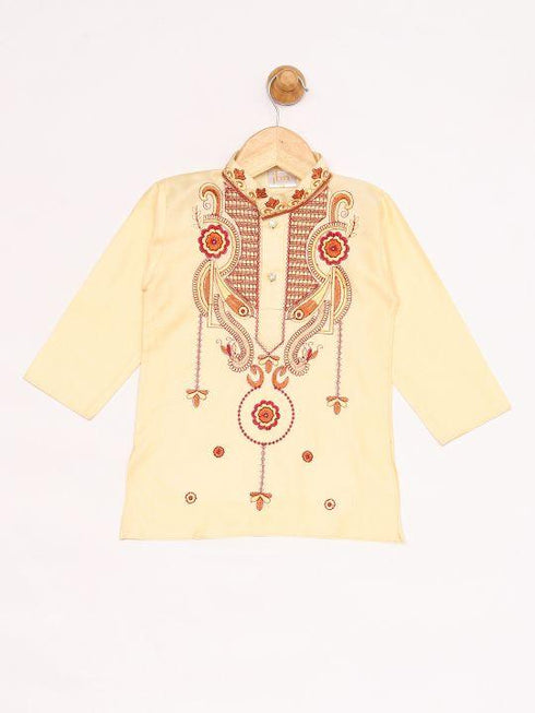 JBN CREATION Boy's Gold And Maroon Silk Blend Kurta and Dhoti Set