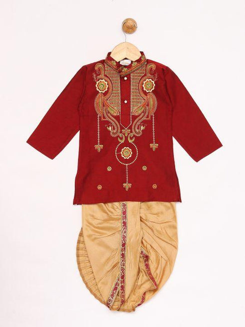 JBN CREATION Boy's Maroon Silk Blend Kurta and Dhoti Set
