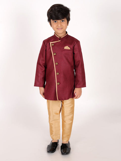 JBN CREATION Boys' Maroon Jute Silk Sherwani Set