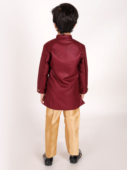 JBN CREATION Boys' Maroon Jute Silk Sherwani Set