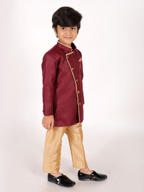 JBN CREATION Boys' Maroon Jute Silk Sherwani Set