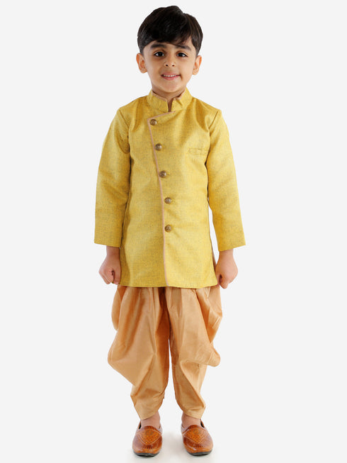 JBN CREATION Boy's Mustard Jute Silk Blend Sherwani Set